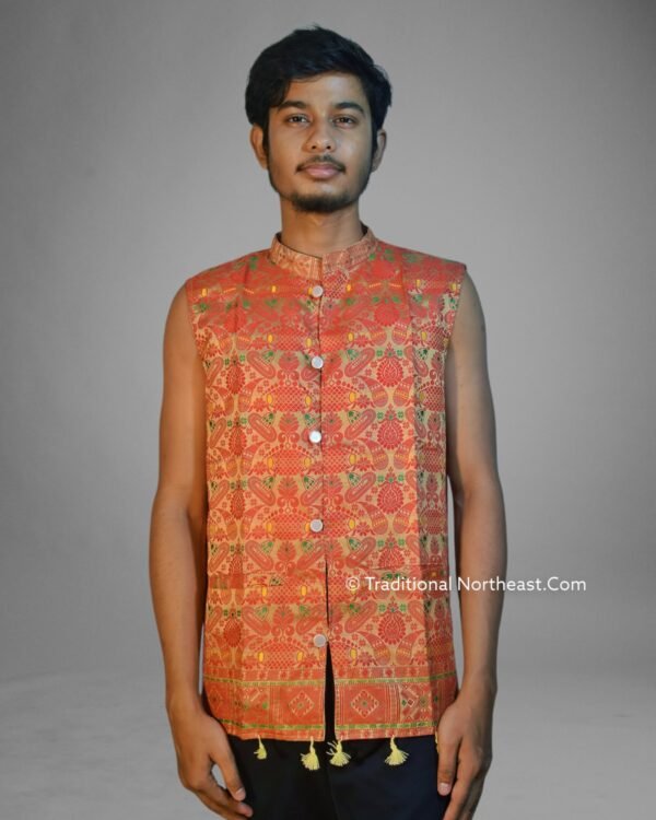 WaistCoat -Men - Assamese Gamosa Design - Synt Silk - Image 2