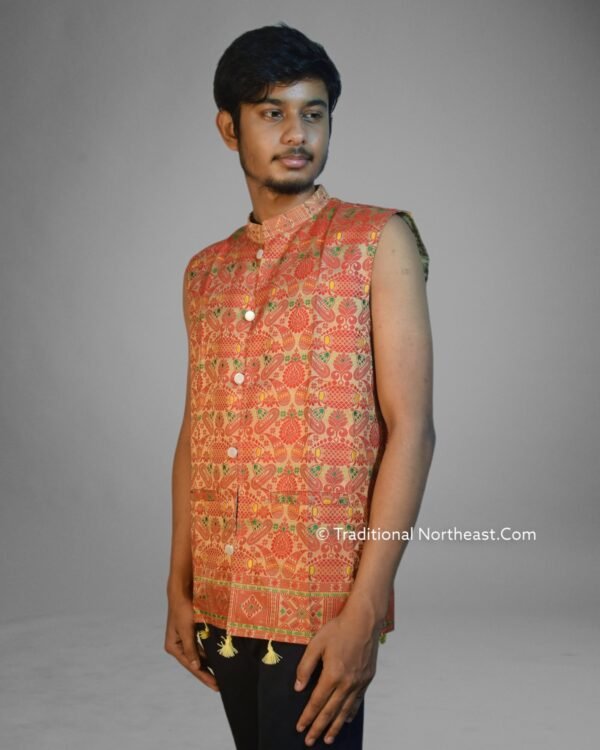 WaistCoat -Men - Assamese Gamosa Design - Synt Silk - Image 4