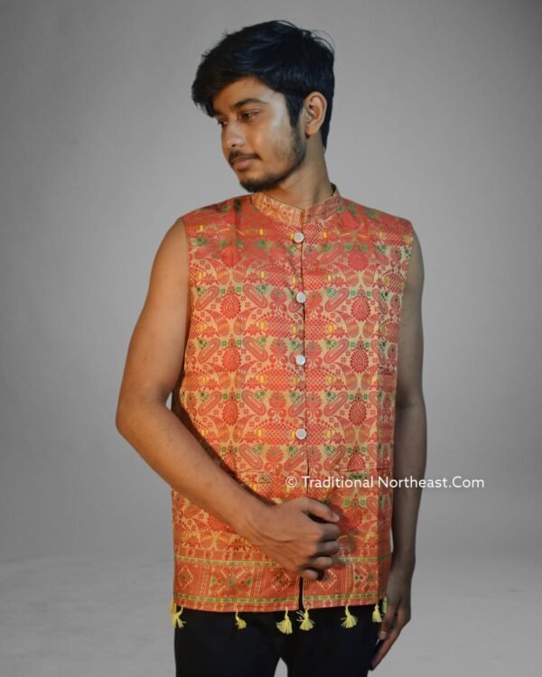 WaistCoat -Men - Assamese Gamosa Design - Synt Silk - Image 1
