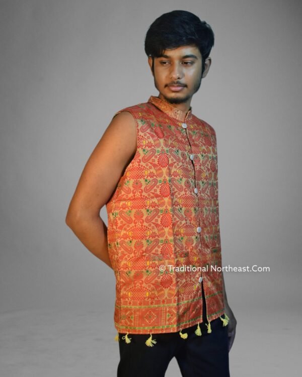 WaistCoat -Men - Assamese Gamosa Design - Synt Silk - Image 3