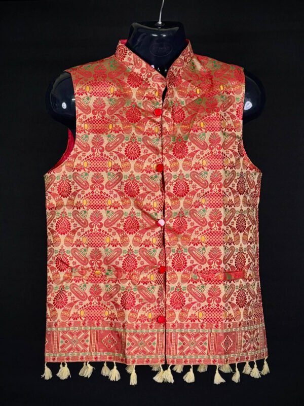 WaistCoat -Men - Assamese Gamosa Design - Synt Silk – Traditional NorthEast