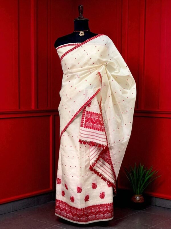 Sador Mekhela- Tussar silk -white-Traditional Design - Image 1