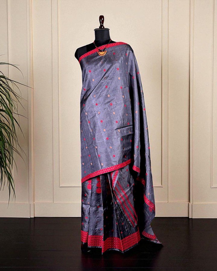 Sador Mekhela AI 13 Sador Mekhela - Dye Tussar Silk - Traditional Design - Image 1