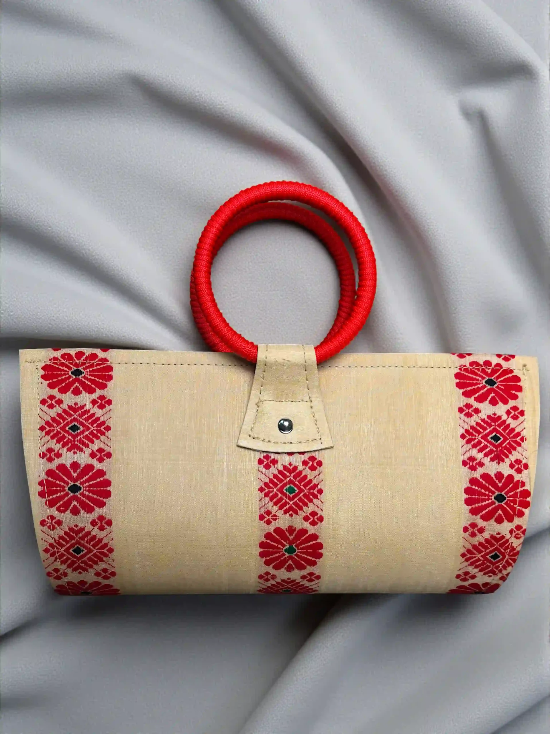 ENE_Silk_Blend_TNE81019_1 Hand Bag - Cotton Blend - Assamese Design - Red Motif - Image 1