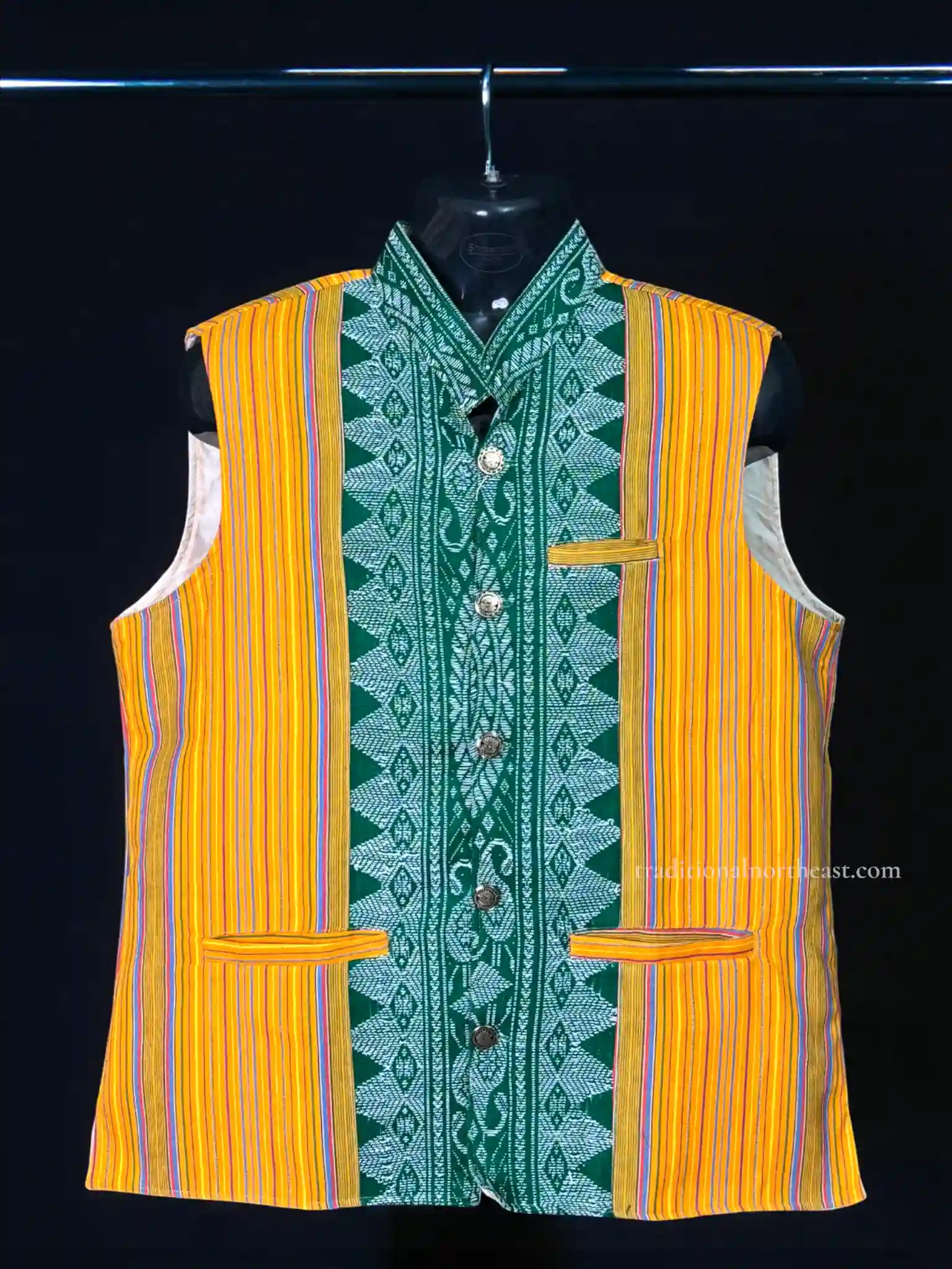 Waistcoat_Bodo_Green_ TNE80977_1 Waistcoat - Men - Bodo Traditional Design - Yellow/Green - Image 1