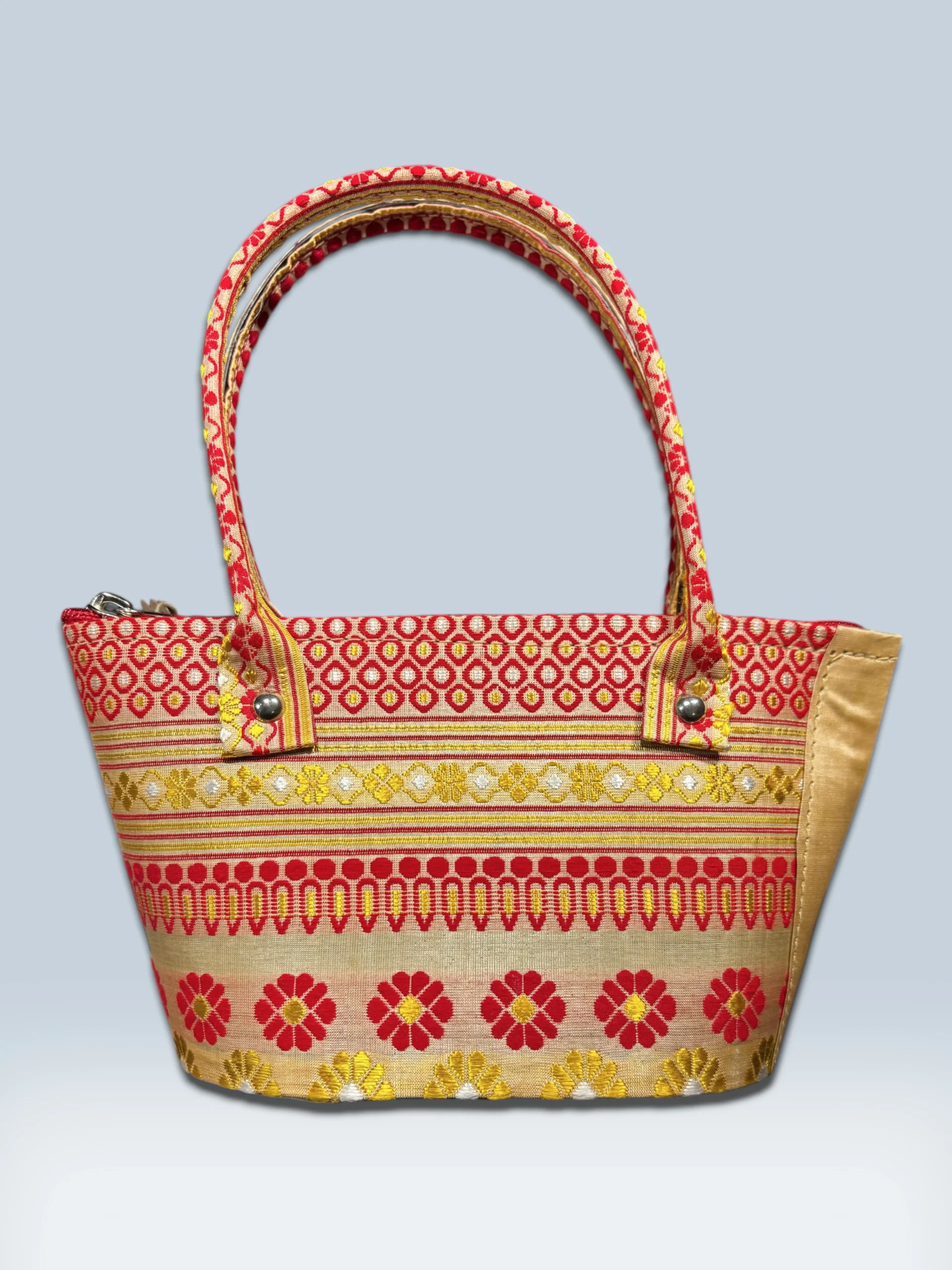 HandBag_TussarSilk_TNE81112 Bag - Tussar Silk - Rupahi Handle - Red/Golden - Image 1