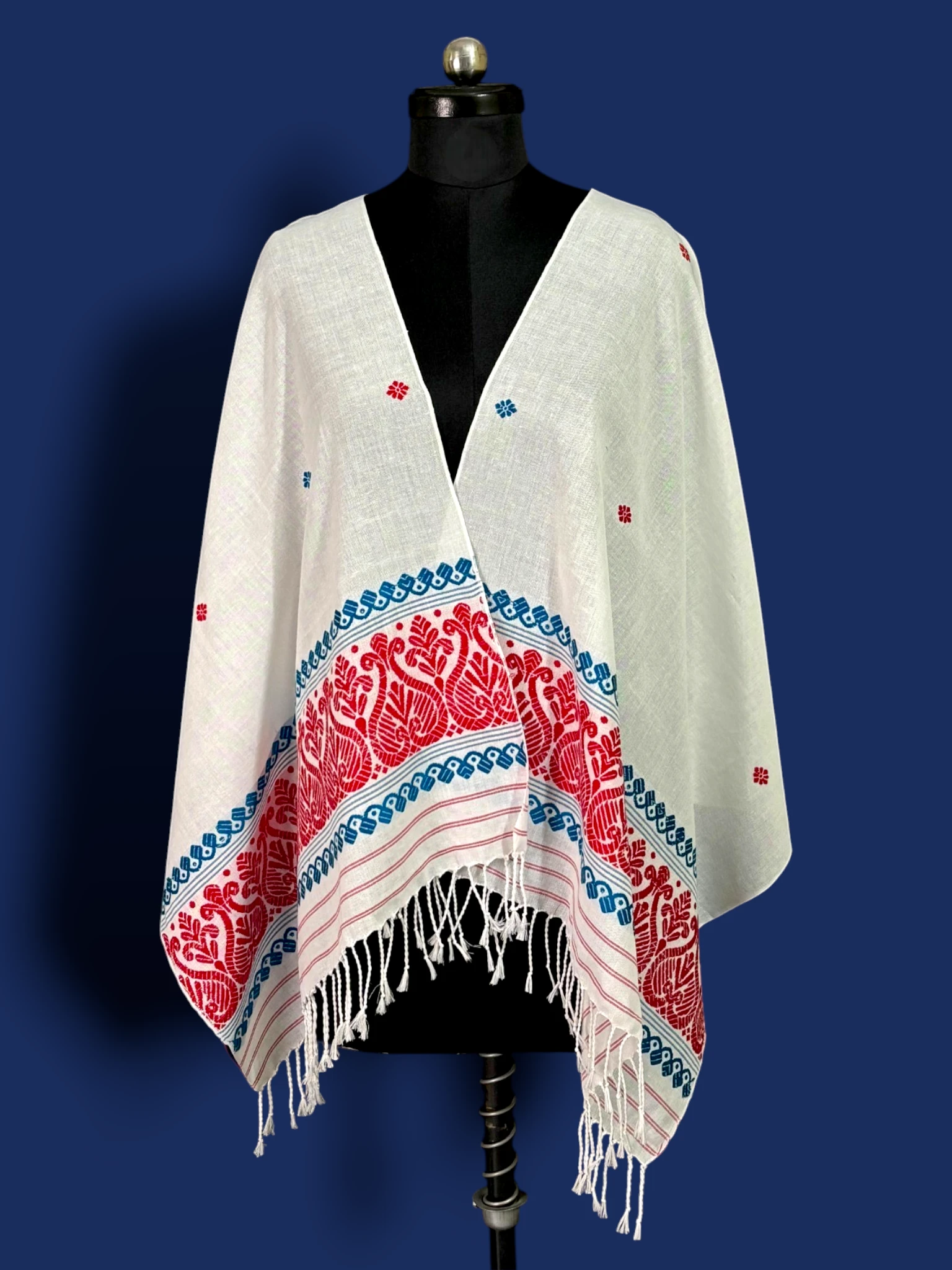 Stole_Cotton_TNE81116_2 Dupatta - Cotton - Blue/Red Flower - Image 1