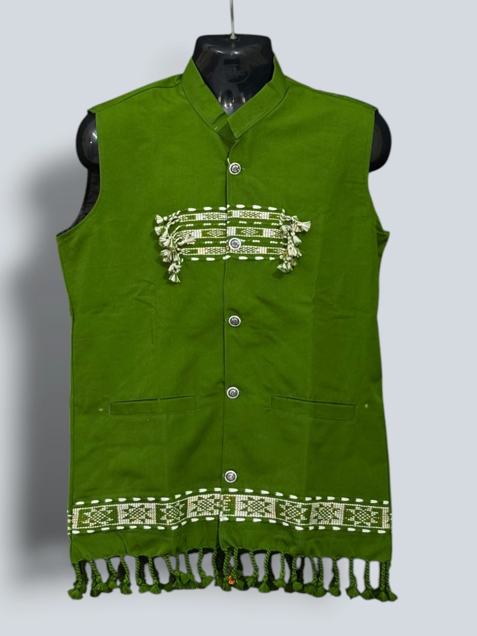 Waistcoat_Karbi_ TNE81104_1 Waistcoat - Cotton - Karbi Design - Olive Green - Image 1